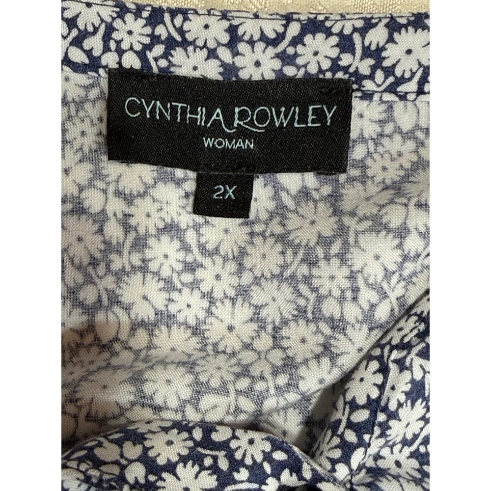 Cynthia Rowley Top Womens 2X Navy Blue Floral Daisy Button Front Peplum Babydoll - Picture 3 of 9